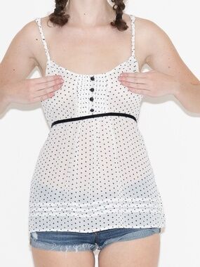 Y2k polka dot mesh tank top white polyester w/ tie buttons size medium/large